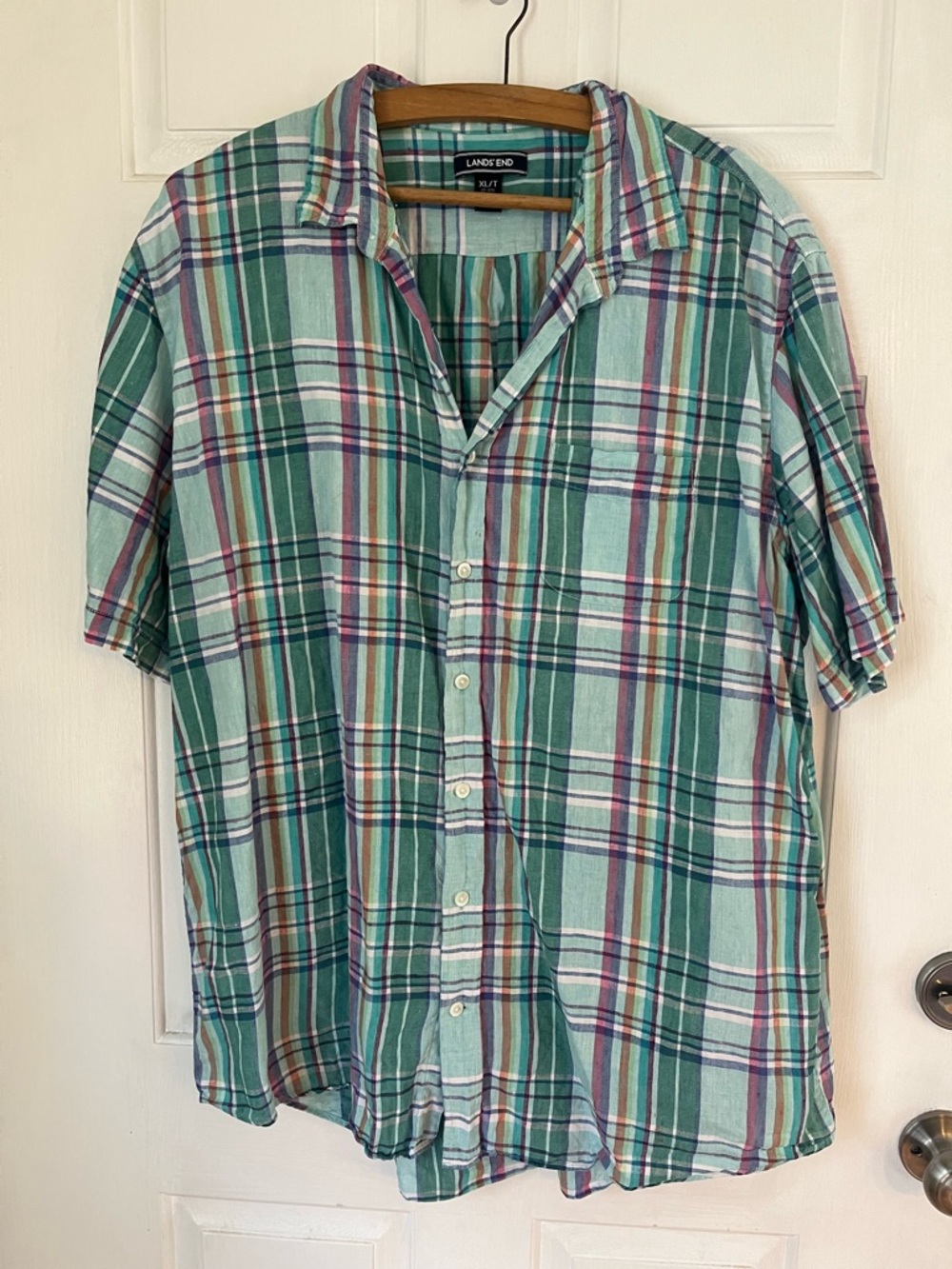 100% Linen Lands' End Men's Teal Plaid Short-Sleeve Button-Down Shirt